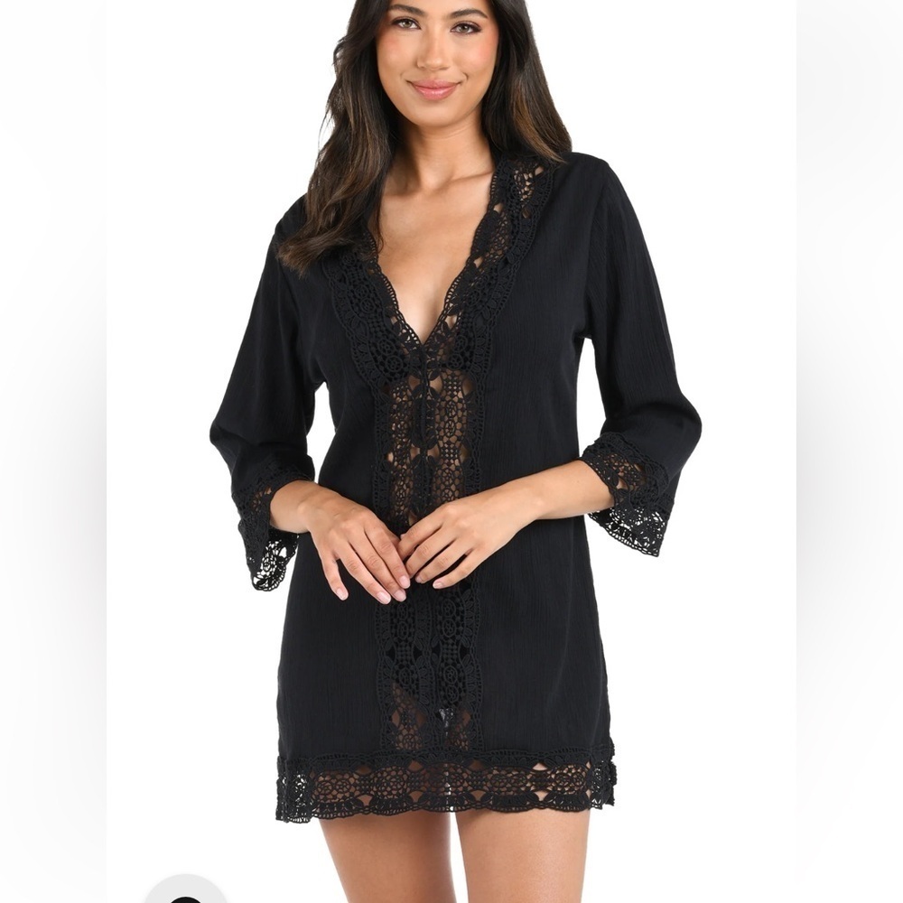 La Blanca black swim coverup Island Fare V-Neck Tunic cotton crochet XL - Picture 11 of 13